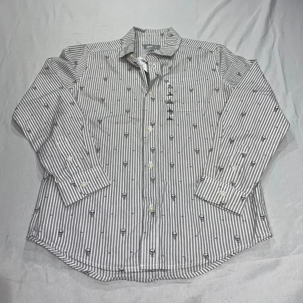 The Children's Place Boys L 10/12 Skull Bowtie Striped Long Sleeve Button Down